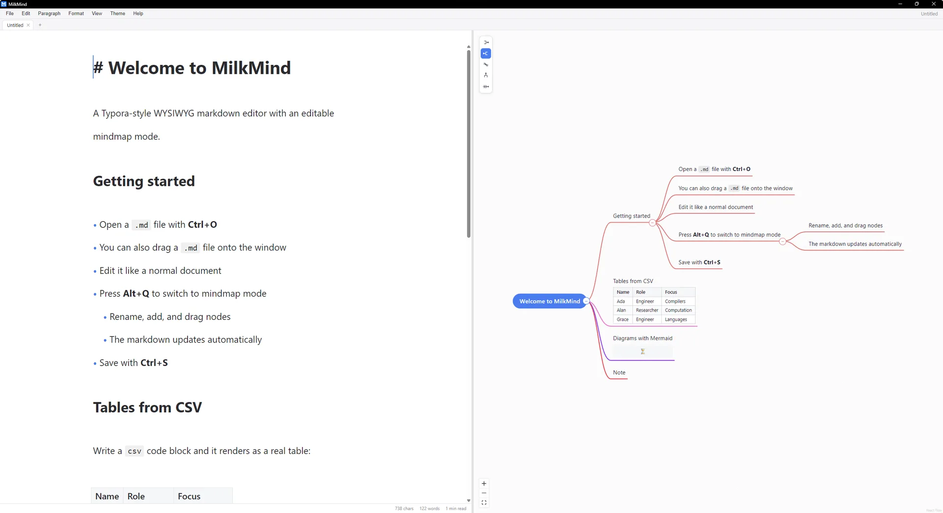 MilkMind — document and mind map side by side